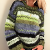 Striped knitted pullover with crew neck in green, lime, blue-gray, and cream blocks