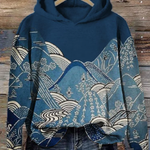 Relaxed comfort hoodie in dark blue with front hood and large graphic wave print