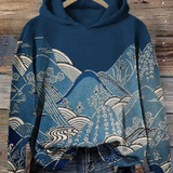 Relaxed comfort hoodie in dark blue with front hood and large graphic wave print