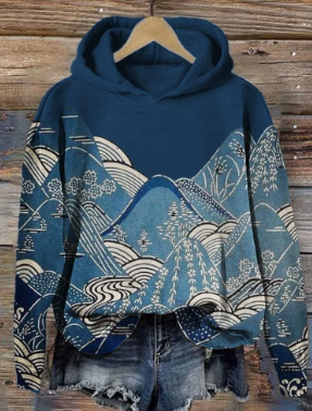 Relaxed comfort hoodie in dark blue with front hood and large graphic wave print
