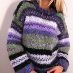 Striped knitted pullover with crew neck in purple, green, gray, and cream blocks