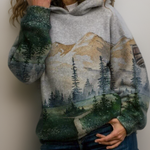 Gray hoodie with kangaroo pocket, drawstring hood, green forest mountain print