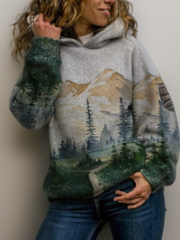 Gray hoodie with kangaroo pocket, drawstring hood, green forest mountain print