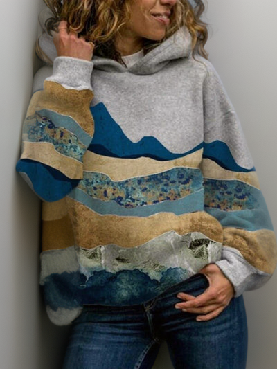 Gray hoodie with kangaroo pocket and drawstring hood, blue desert mountain landscape print
