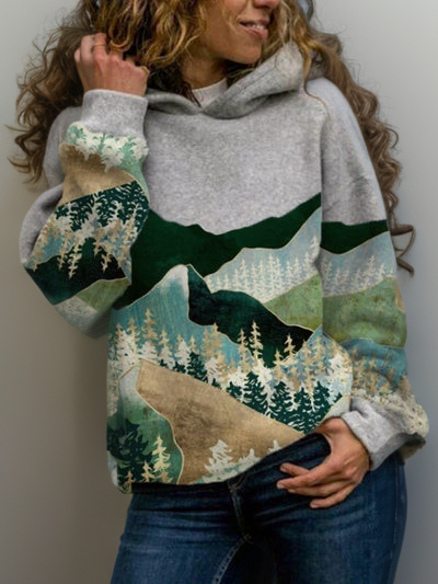 Gray hoodie with kangaroo pocket and drawstring hood, green and tan landscape graphic