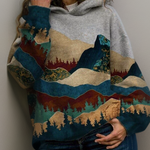 Gray hoodie with kangaroo pocket and drawstring hood, blue red mountain landscape print