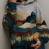 Gray hoodie with kangaroo pocket and drawstring hood, blue red mountain landscape print