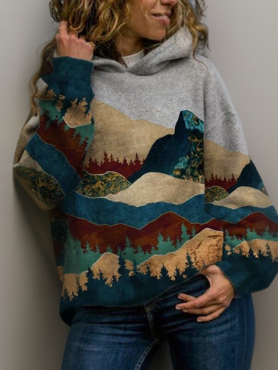 Gray hoodie with kangaroo pocket and drawstring hood, blue red mountain landscape print