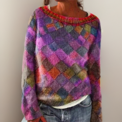 Mirabelle loose pullover with long sleeves, fuzzy knit and bright diamond pattern.