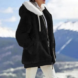 Keithy color-block sherpa jacket in black with white-lined hood, zip-front