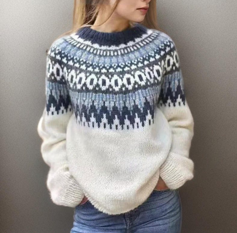 Regine cozy crewneck sweater with blue and white fair isle yoke pattern