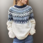 Regine cozy crewneck sweater with blue and white fair isle yoke pattern