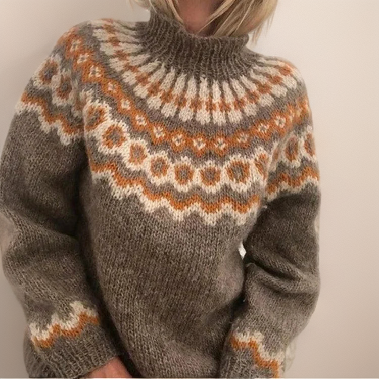 Cozy khaki fair isle turtleneck sweater with orange and cream patterns, long sleeves