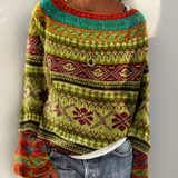 Handcrafted knit pullover with multicolor fair isle yoke and long sleeves