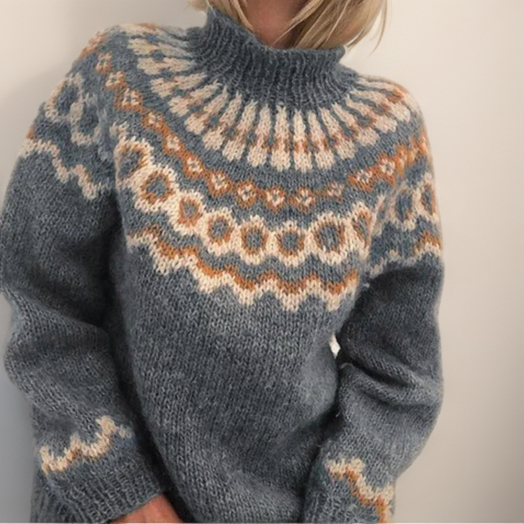 Cozy gray fair isle turtleneck sweater with blue patterned yoke, long sleeves