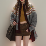 Gray knit cardigan sweater with colorful fair isle pattern and button front