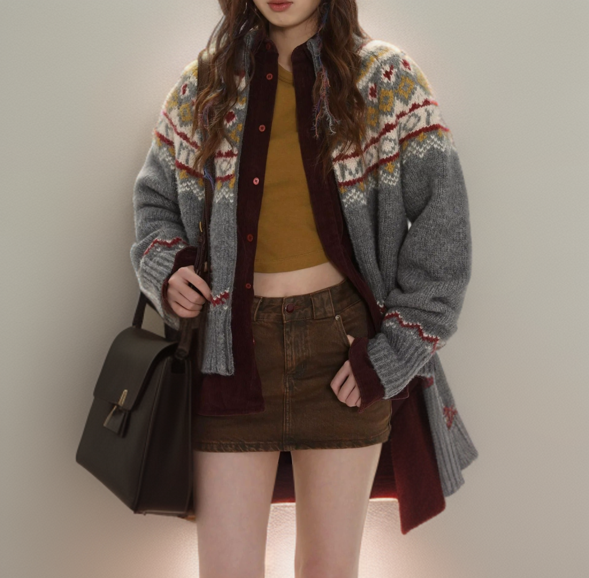 Gray knit cardigan sweater with colorful fair isle pattern and button front