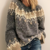 Women’s jacquard knit sweater with dark gray and cream fair isle pattern, relaxed fit