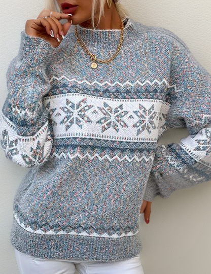 Blue knit sweater with white yoke and fair isle snowflake pattern, crew neck, long sleeves