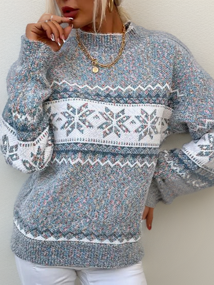 Blue knit sweater with white yoke and fair isle snowflake pattern, crew neck, long sleeves