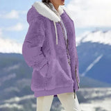 Keithy color-block sherpa jacket in purple with white-lined hood, zip-front