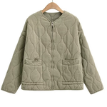 Olive cropped quilted jacket with full zip, flap pockets, and drawstring hem