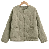 Olive cropped quilted jacket with full zip, flap pockets, and drawstring hem