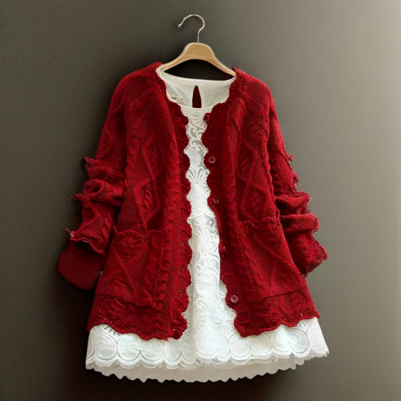 Red knitted pullover with textured lace panels, buttons, and scalloped hem