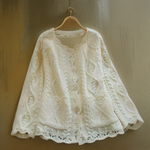 Cream knitted pullover with textured lace knit panels and scalloped neckline