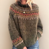 Pedrini retro turtleneck sweater in dark olive knit, multicolor fair isle yoke