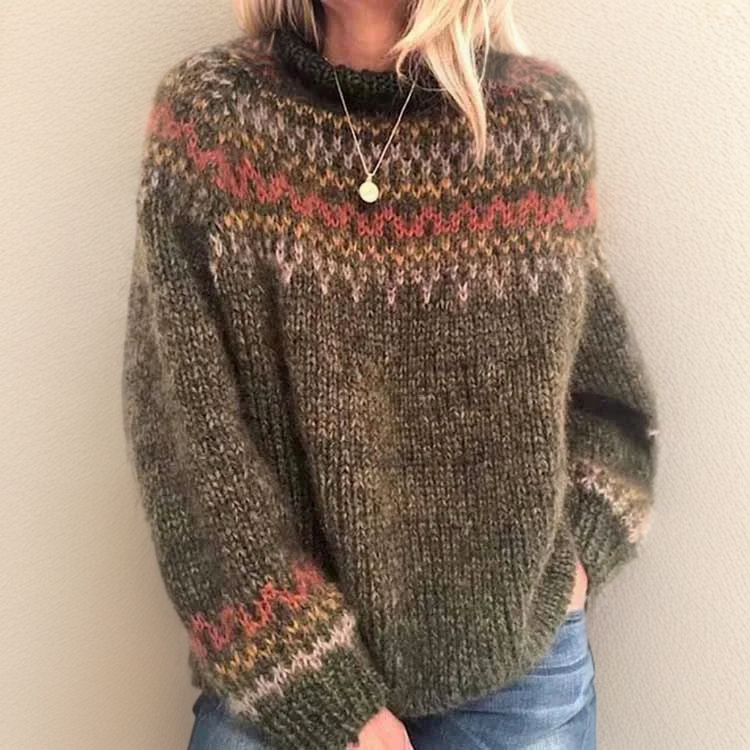 Pedrini retro turtleneck sweater in dark olive knit, multicolor fair isle yoke