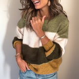 Color-block striped knit sweater with long sleeves, crew neck, olive green, white, and tan
