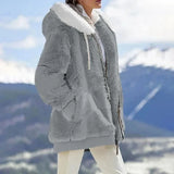 Keithy color-block sherpa jacket in gray with white-lined hood, zip-front