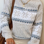 Cream knit sweater with blue and white fair isle stripe band, crew neck, long sleeves