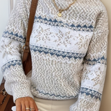 Cream knit sweater with blue and white fair isle stripe band, crew neck, long sleeves