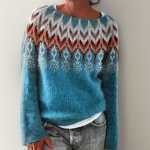 Isolda cozy wool sweater, long-sleeve crewneck in teal blue with zigzag Fair Isle yoke