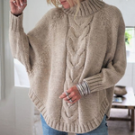 Beige cable-knit vintage pullover with turtleneck, long sleeves, ribbed cuffs