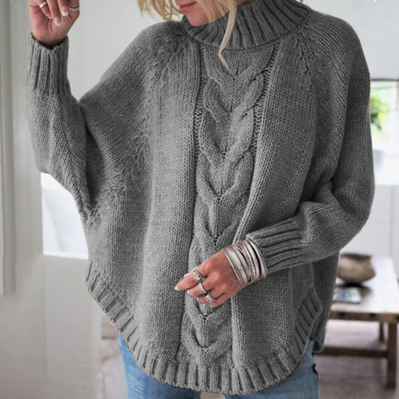 Charcoal cable-knit vintage pullover with turtleneck, long sleeves, ribbed cuffs
