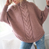 Mauve cable-knit vintage pullover with turtleneck, long sleeves, ribbed cuffs