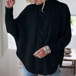 Black cable-knit vintage pullover with turtleneck, long sleeves, ribbed cuffs