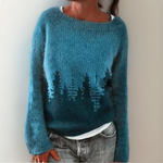 Milee relaxed loose pullover, blue fuzzy knit with forest graphic