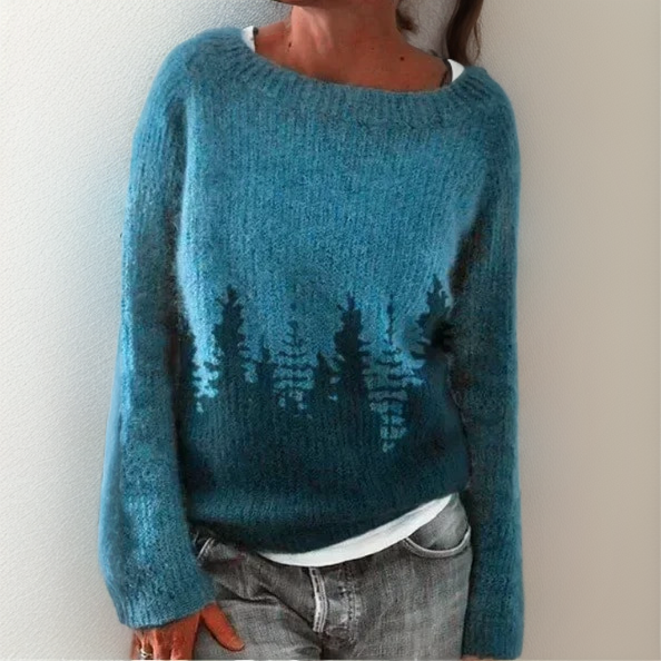Milee relaxed loose pullover, blue fuzzy knit with forest graphic
