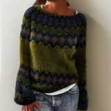 Shaila geometric knit sweater with round neck, long sleeves, multicolor navy and green pattern