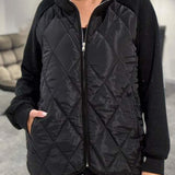 Black knit-sleeve hooded quilted jacket with zip front