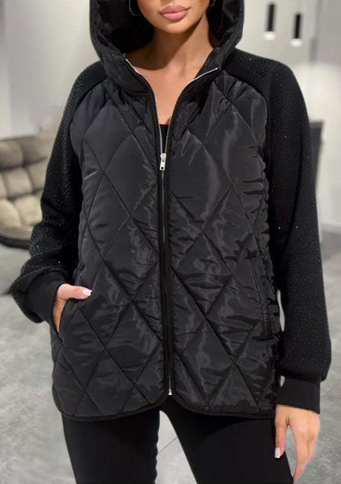 Black knit-sleeve hooded quilted jacket with zip front