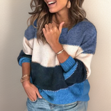 Color-block striped knit sweater with long sleeves, crew neck, blue, white, and dark teal