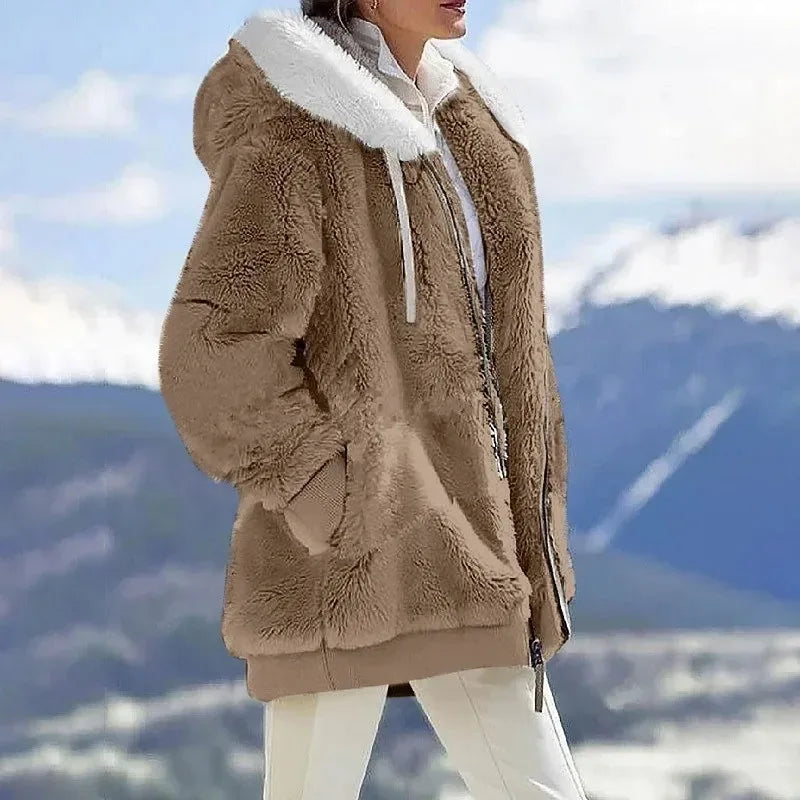 Keithy color-block sherpa jacket in tan with white-lined hood, zip-front
