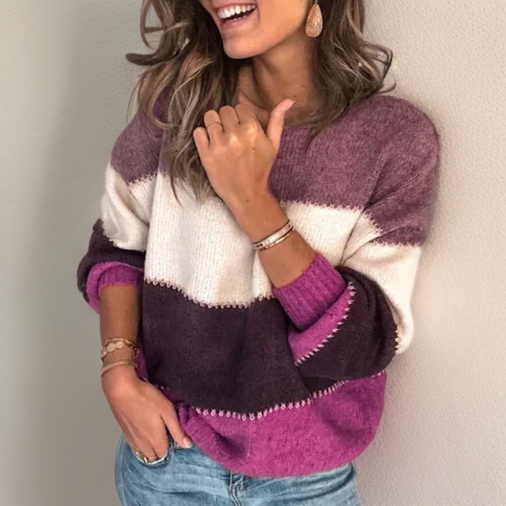 Color-block striped knit sweater with long sleeves, crew neck, purple, white, and dark plum