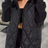 Black quilted hooded jacket with full-zip front and textured sleeves