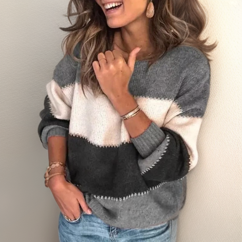 Color-block striped knit sweater with long sleeves, crew neck, grey, white, and dark charcoal